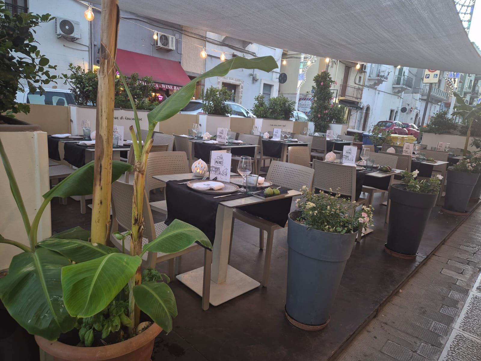 Terrazza esterna del ristorante con tavoli, piante in vaso e posti a sedere all'ombra lungo un vialetto.