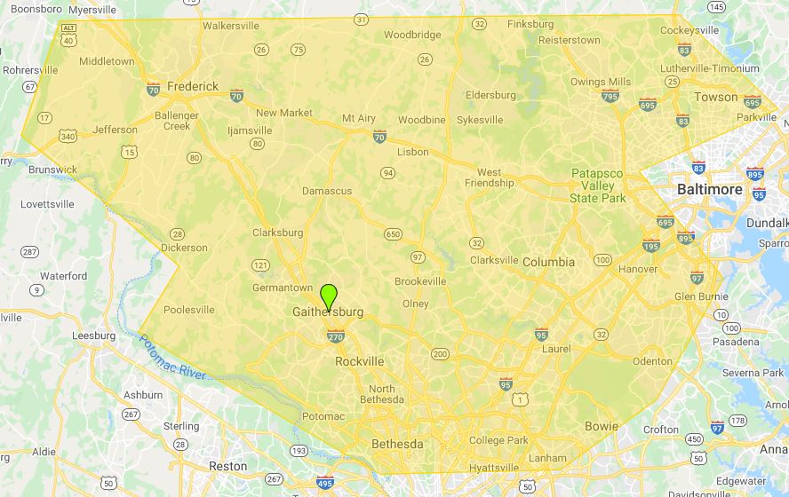 Map of eastern Maryland with a green location pin near the center and Baltimore labeled on the right.