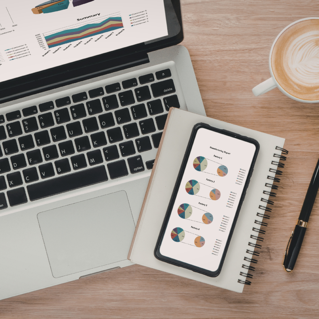 Laptop, smartphone, notebook, pen, and coffee on a desk with charts on the screens.