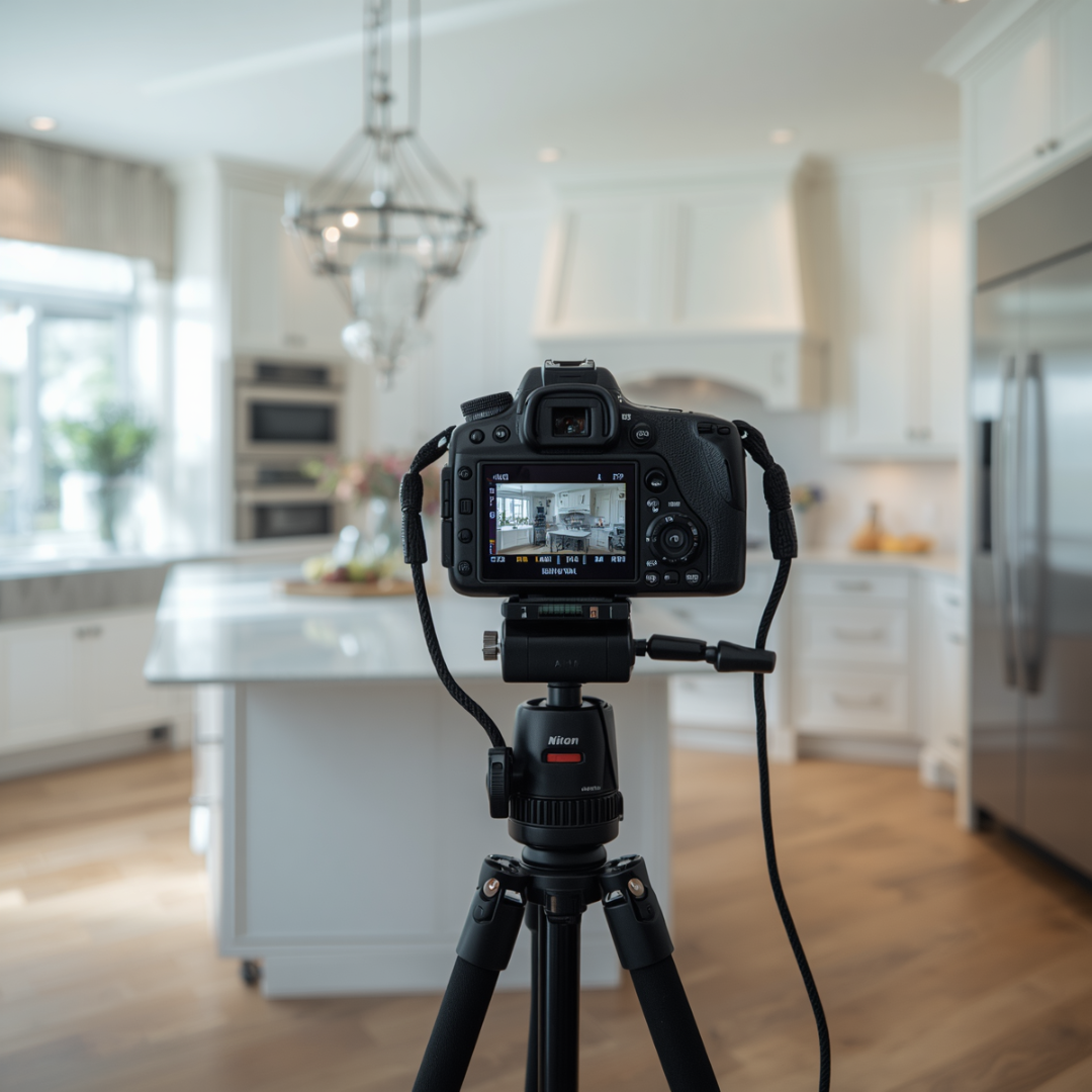 Camera on tripod in a bright kitchen, facing a modern white island and chandelier.