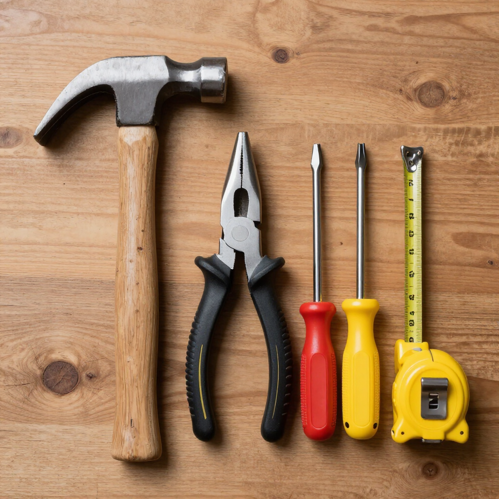 Herramientas manuales básicas para construcción sobre superficie de madera