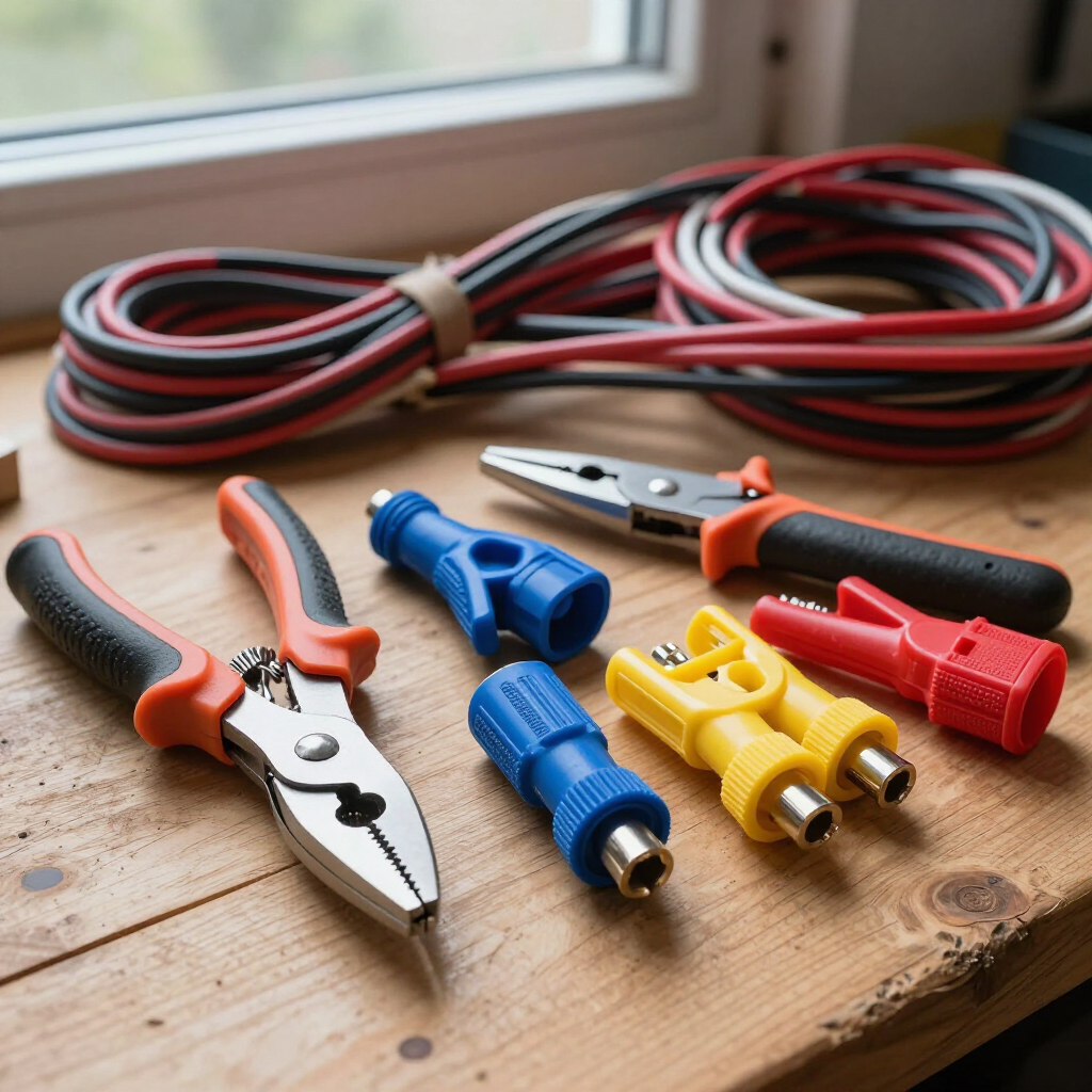 Cables eléctricos, conectores y herramientas sobre mesa de trabajo