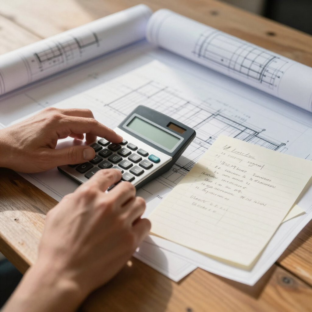 Planeación financiera de obra con calculadora y planos