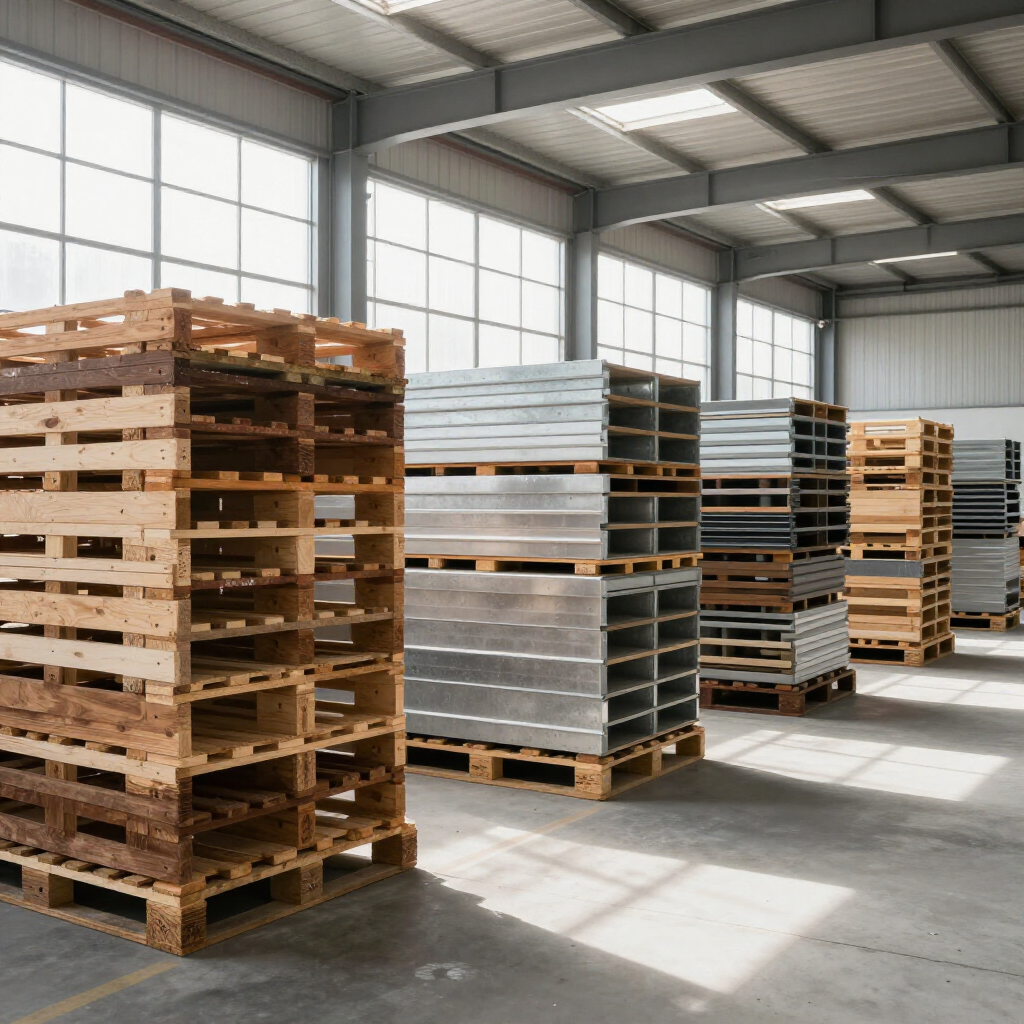 Almacén de materiales de construcción organizado con tarimas