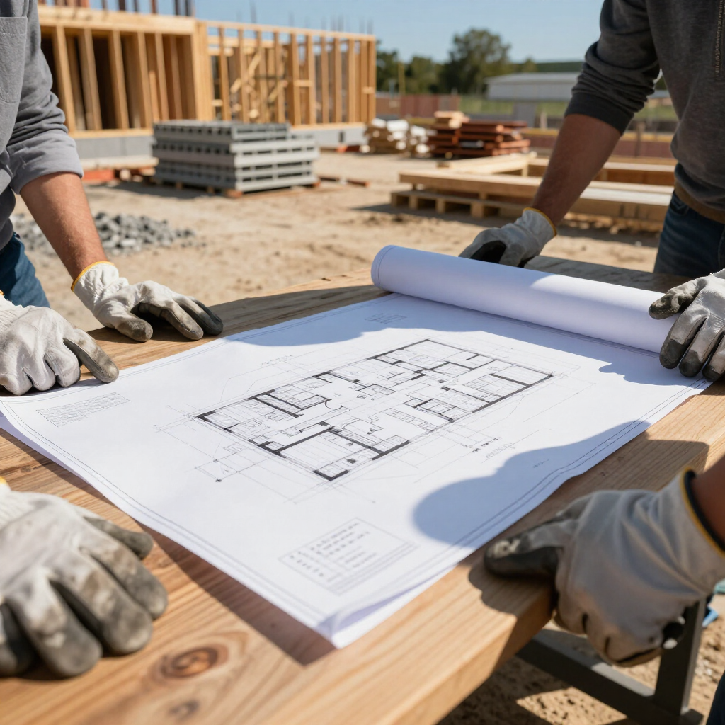 Planeación de obra con planos y fondo de sitio de construcción soleado