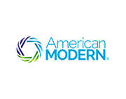 Logo for American Modern insurance company: circular design with shades of blue and green, with text