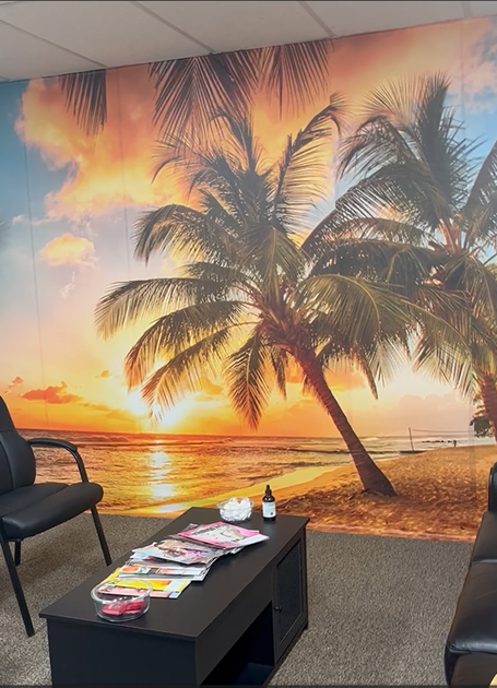 A waiting room with a large palm tree mural on the wall