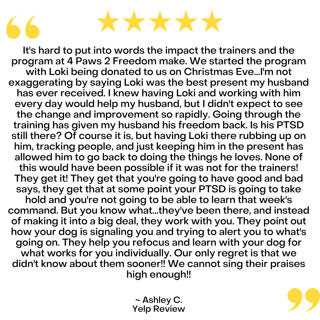 A five-star Yelp review by Ashley C. praising the 4 Paws 2 Freedom service dog program for helping her husband with PTSD.
