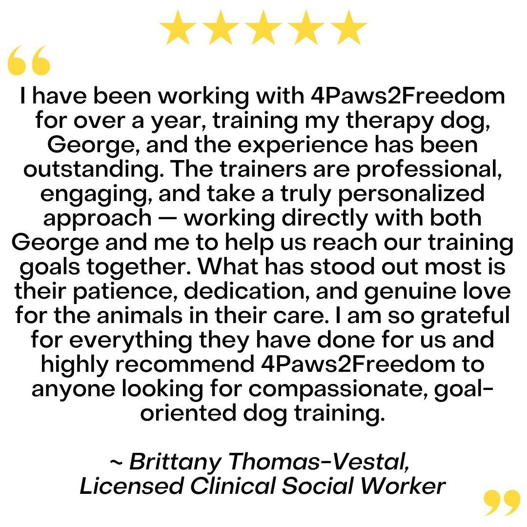 A five-star review for 4Paws2Freedom from Brittany Thomas-Vestal, LCSW, praising the trainers' personalized approach.