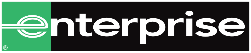 Enterprise Rent-A-Car logo: White text on black rectangle with a green square and stylized 