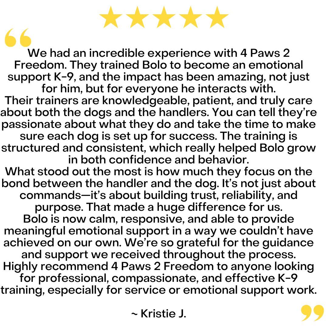 Five-star review for 4 Paws 2 Freedom training services, written by Kristie J. regarding her dog, Bolo.