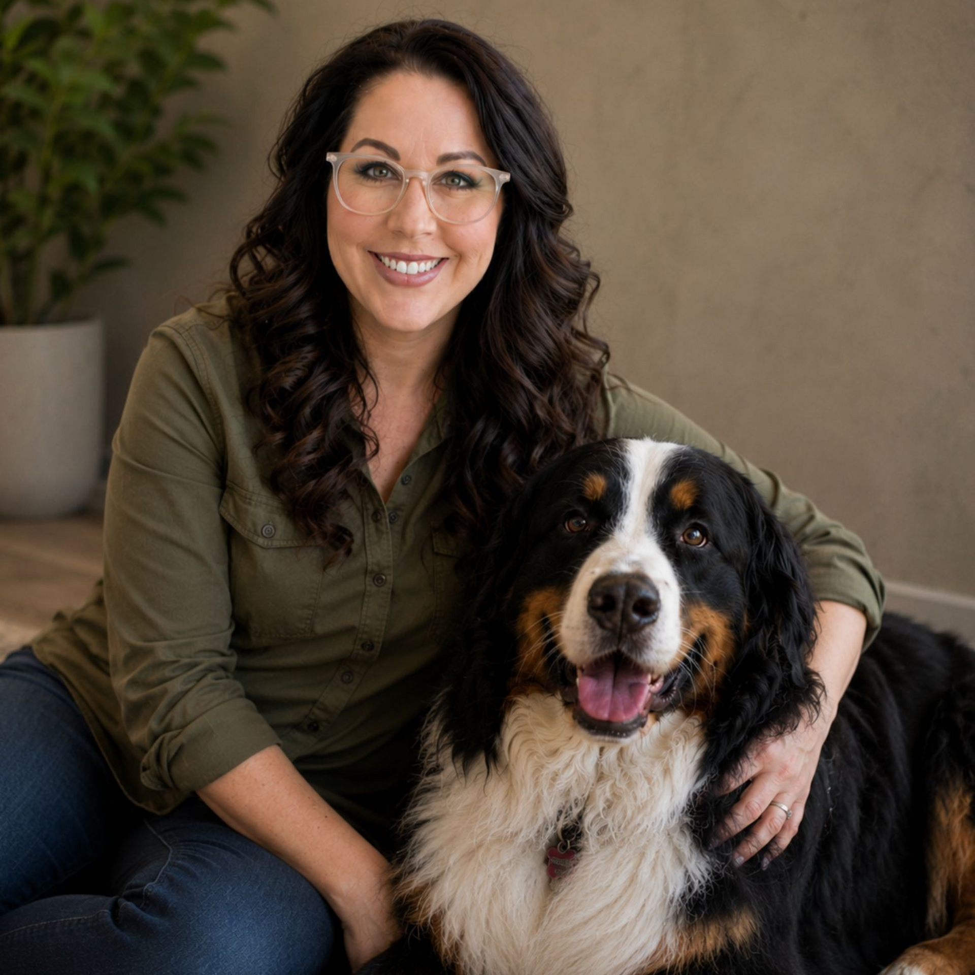 Smiling woman with glasses sitting beside a large Bernese mountain dog indoors