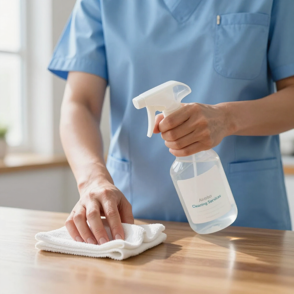 Person in blue scrubs cleaning a wooden table with a spray bottle and cloth