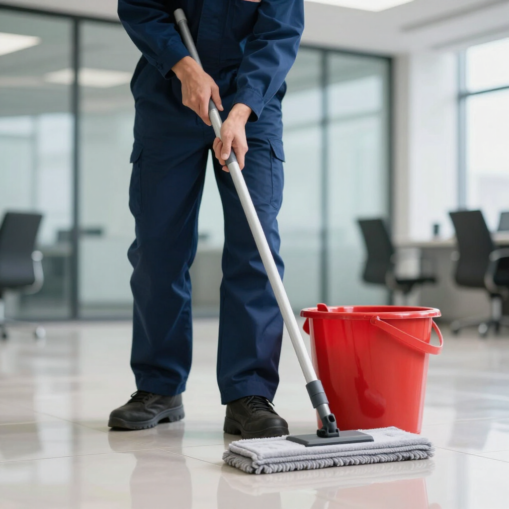 Person mopping a polished office floor beside a red bucket