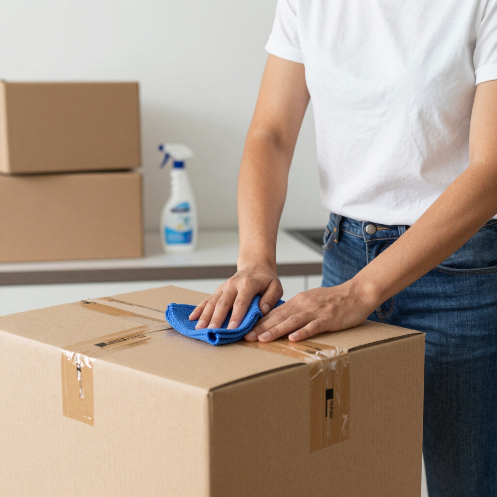 Person cleaning a cardboard box with a blue cloth in a room with packing supplies