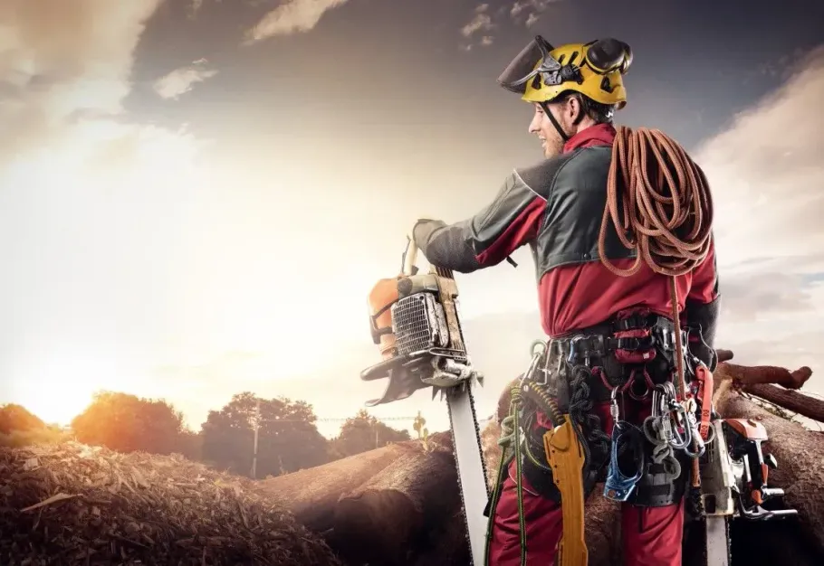 Arborist in safety gear holding a chainsaw at sunset.