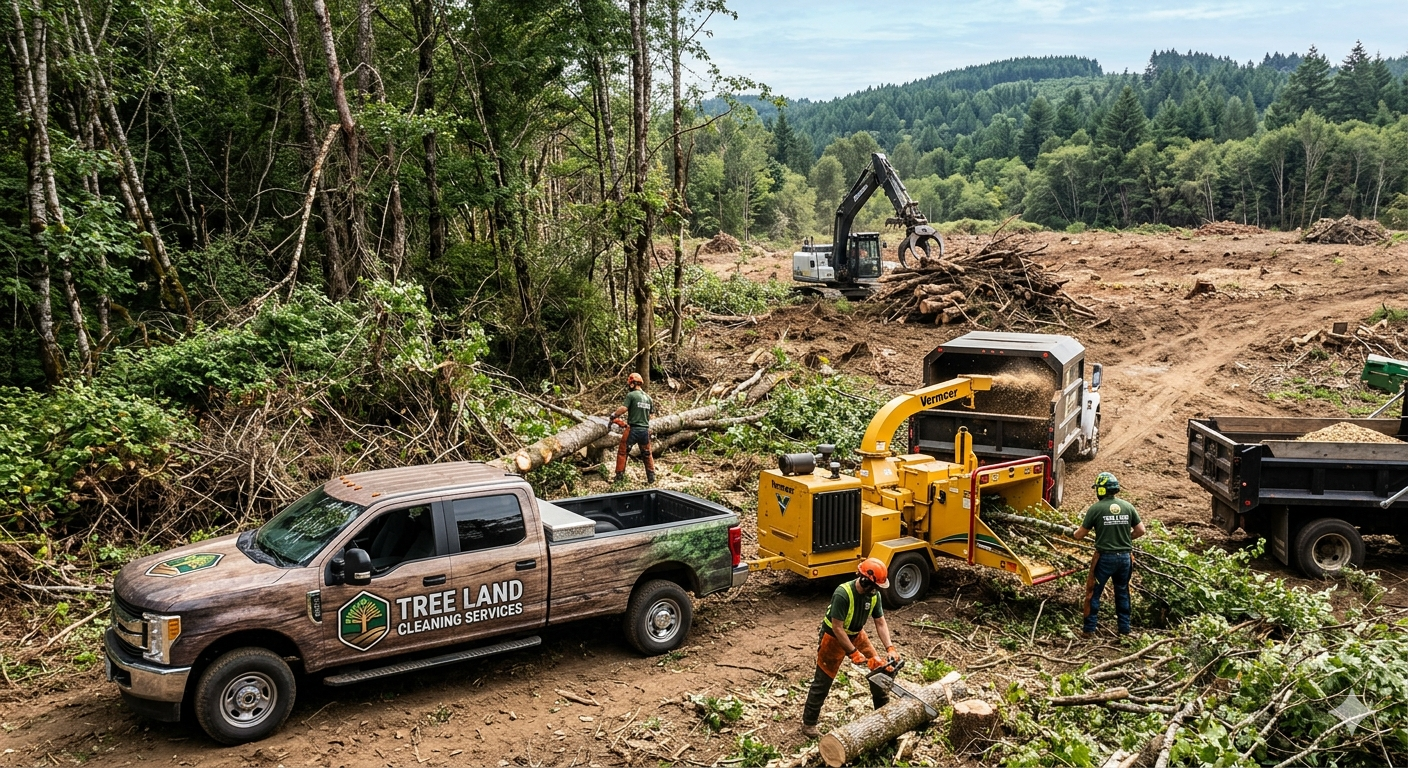 Tree Land Cleaning Services crew clearing land with wood chipper.