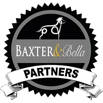 Baxter & Bella Partners logo with black seal, white dog outline, and ribbon banner