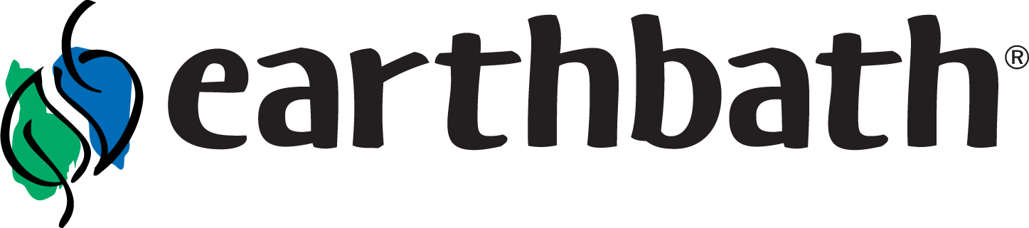 Earthbath logo with black and teal text and a teal leaf icon