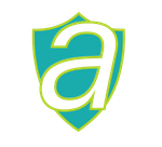 Stylized lowercase a in white on a teal shield with lime green outline
