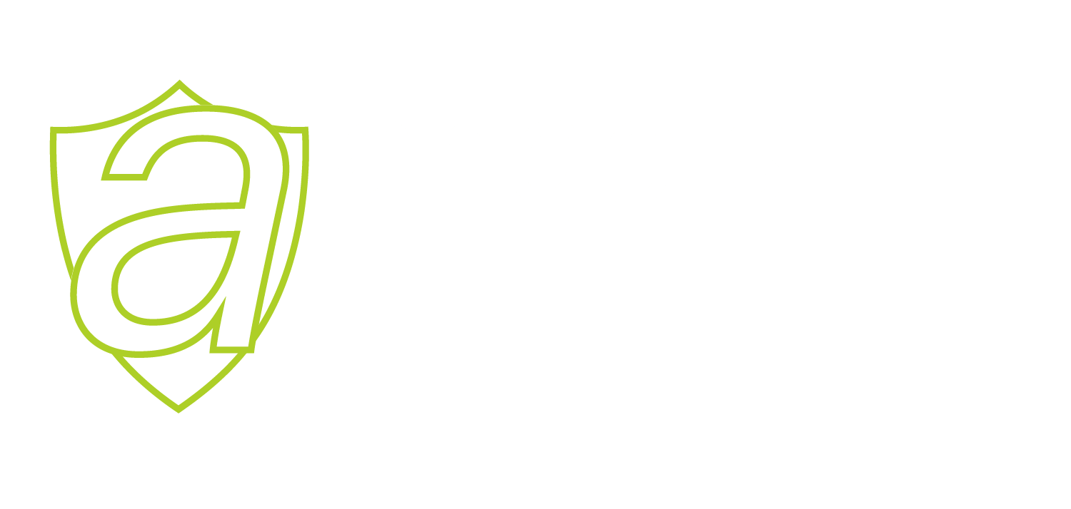 Green outlined lowercase “a” inside a shield shape on a white background