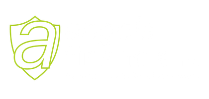 Green outlined lowercase “a” inside a shield shape on a white background