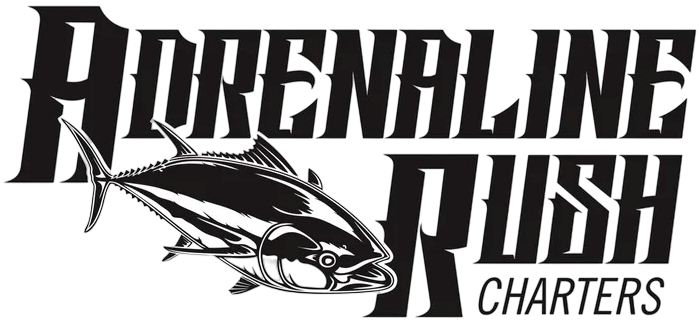 Black-and-white Adrenaline Rush Charters logo with stylized fish graphic