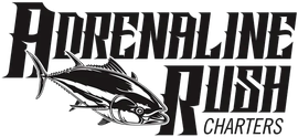 Black-and-white Adrenaline Rush Charters logo with stylized fish graphic