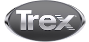 Trex logo on a grey oval background with a silver border. The Trex text is also silver.