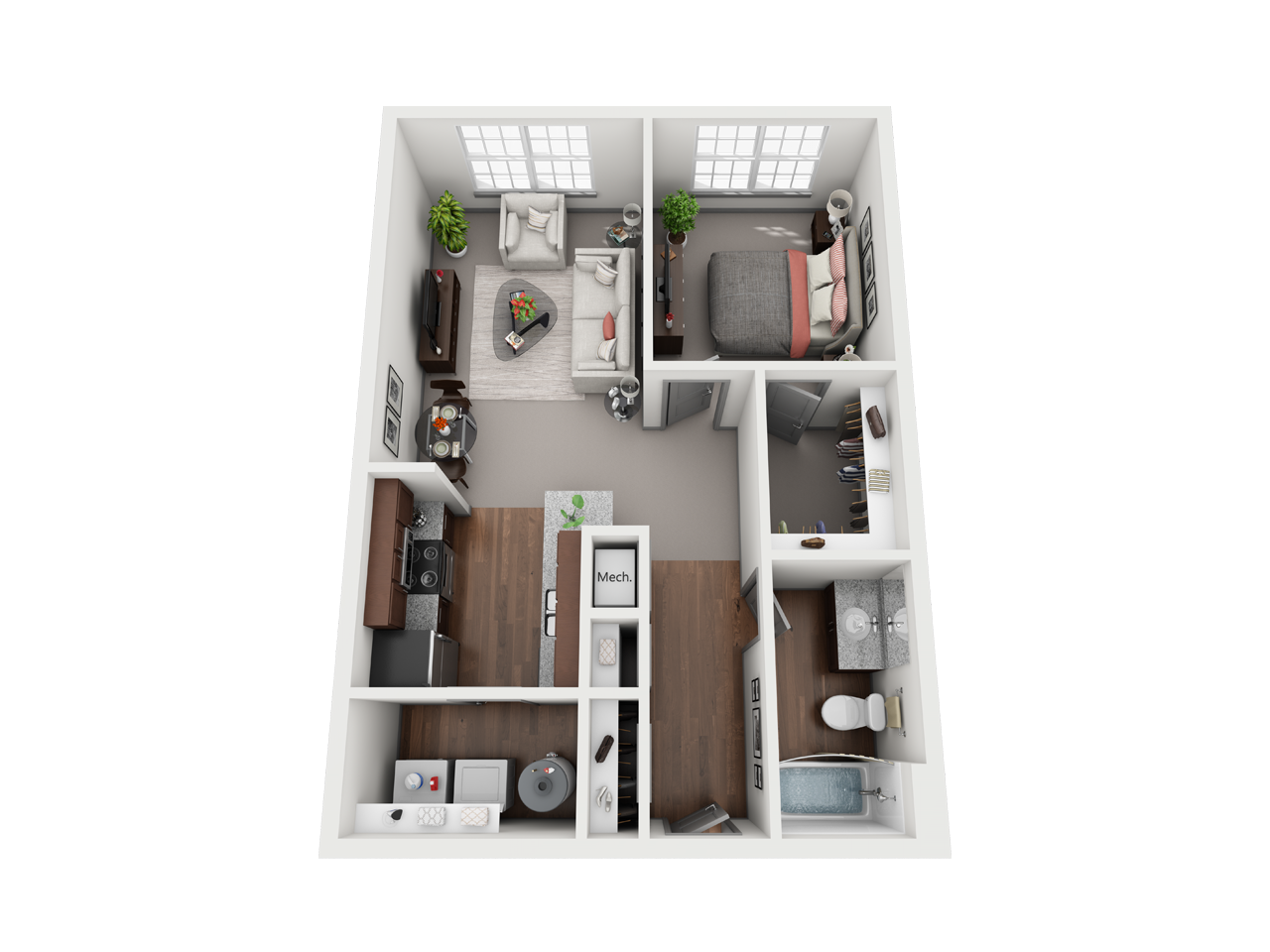 1 Bed Floor Plan with Carpet and Wood Flooring