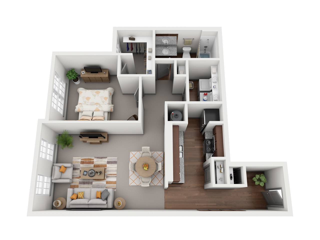 1 Bed Floor Plan with Carpet and Wood Flooring