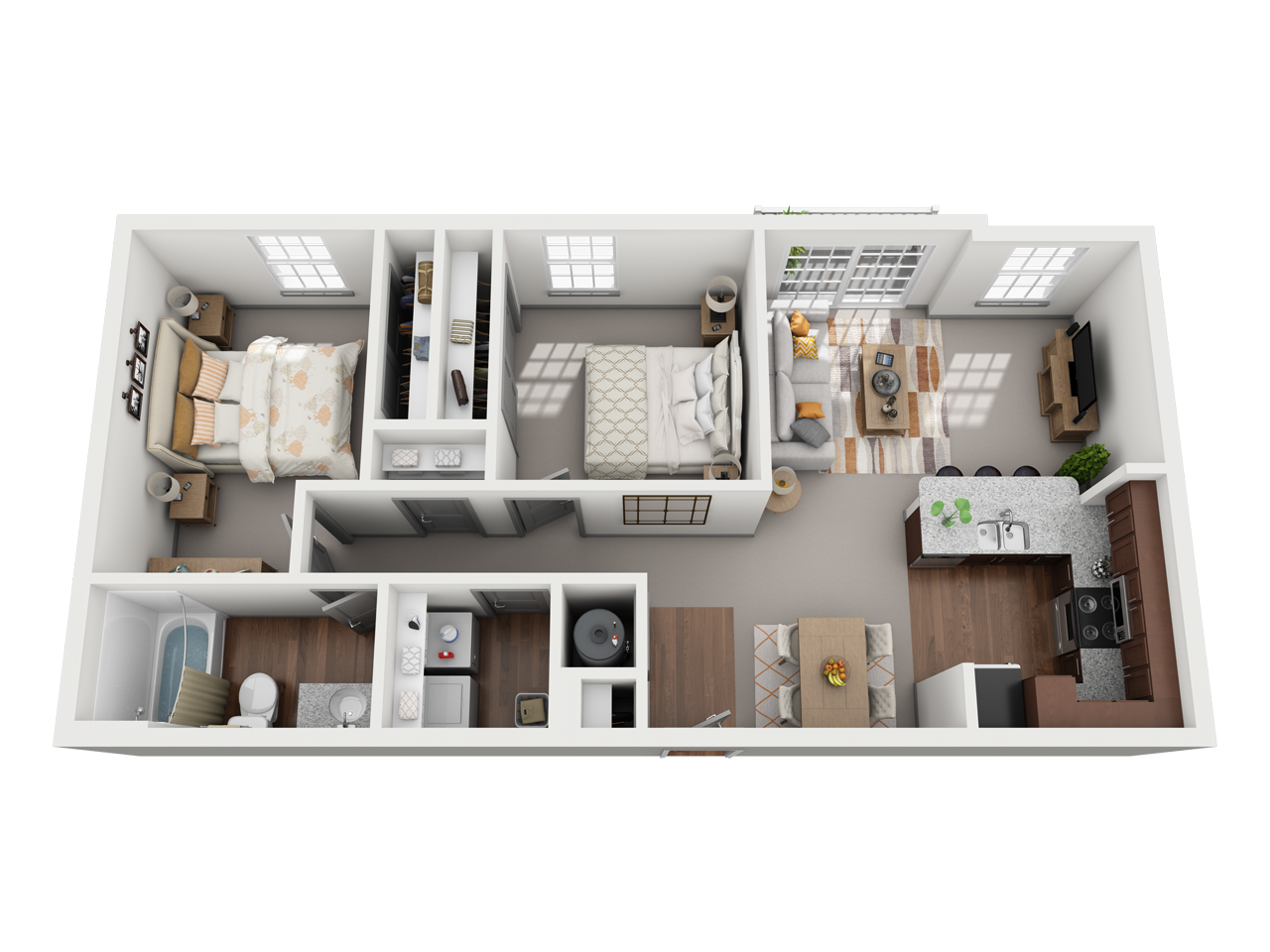 2 Bed 2 Bath Floor Plan with Carpet and Wood Flooring