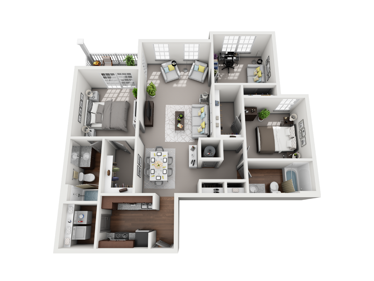 2 Bed 2 Bath Floor Plan with Carpet and Wood Flooring