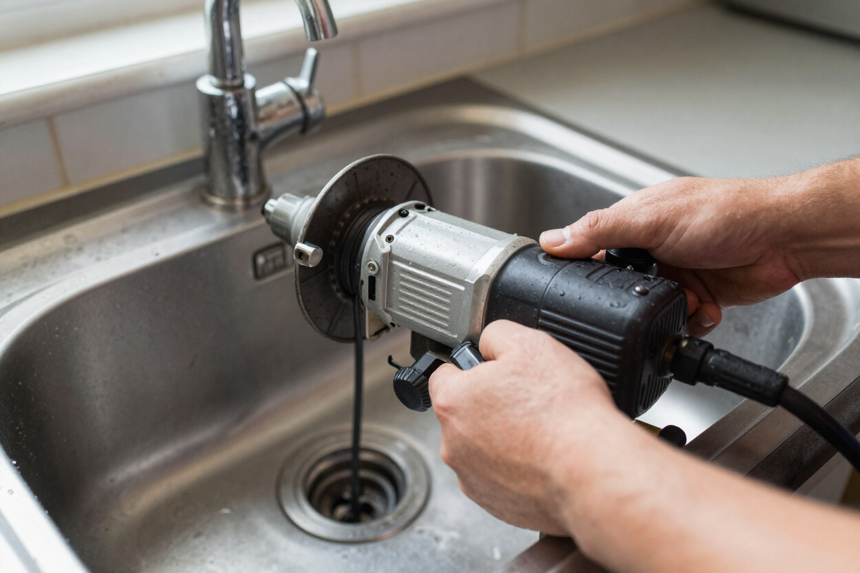 PLACEHOLDER — replace with real H2O technician using cable drain cleaning equipment on a residential kitchen drain.