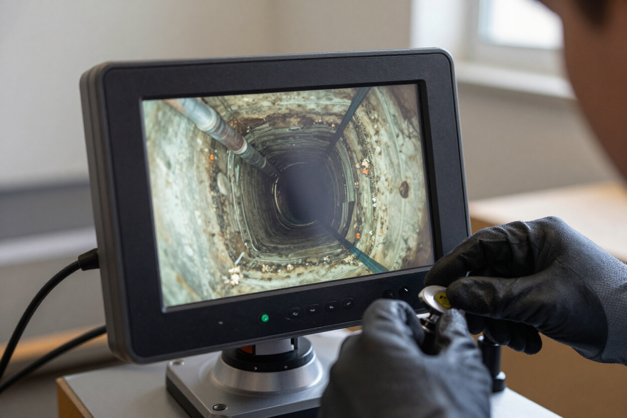PLACEHOLDER — replace with real H2O sewer camera inspection monitor photo showing pipe interior view.
