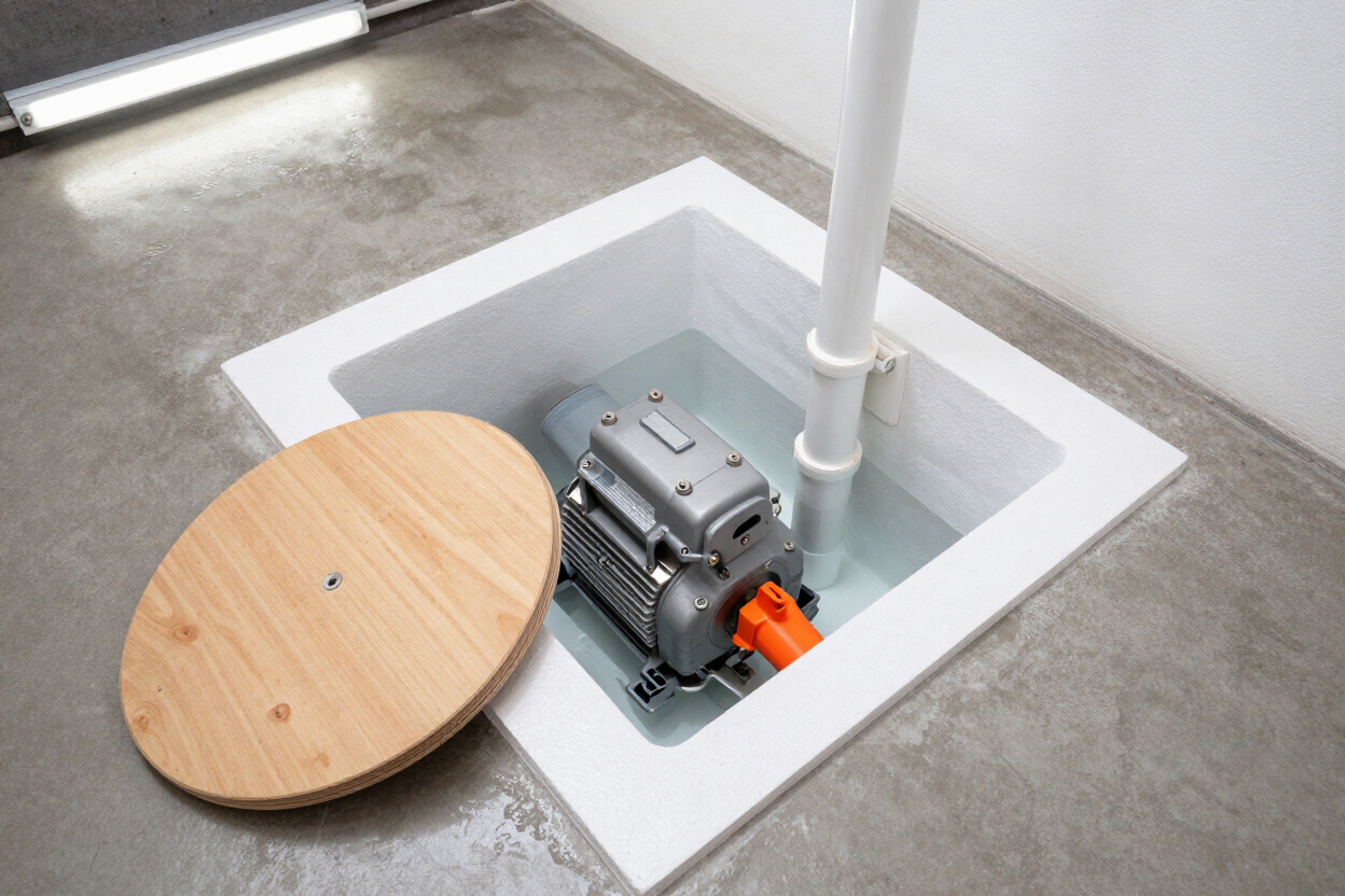 PLACEHOLDER — replace with photo of ejector pump pit interior showing pump, float, and discharge pipe.