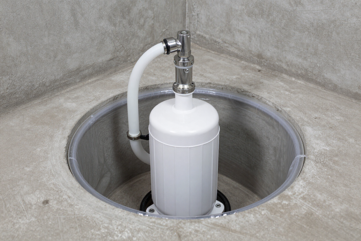 PLACEHOLDER — replace with photo of a residential sump pump pit with pedestal or submersible pump installed.