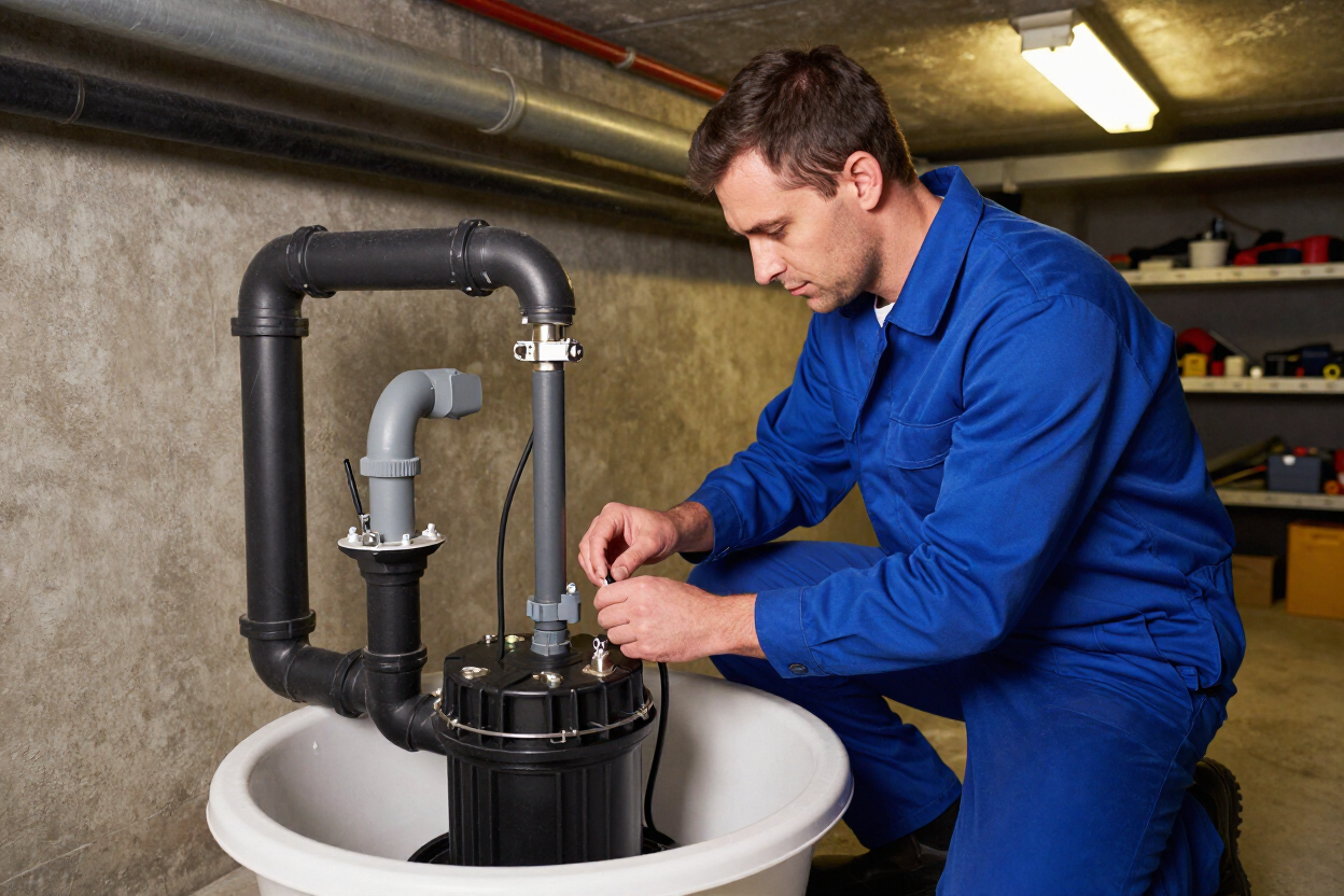 PLACEHOLDER — replace with H2O technician inspecting or repairing a sump pump system in a residential basement.
