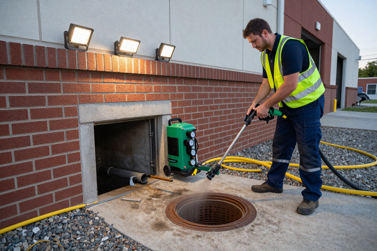PLACEHOLDER — replace with real H2O photo of jet rodding service at a commercial building.