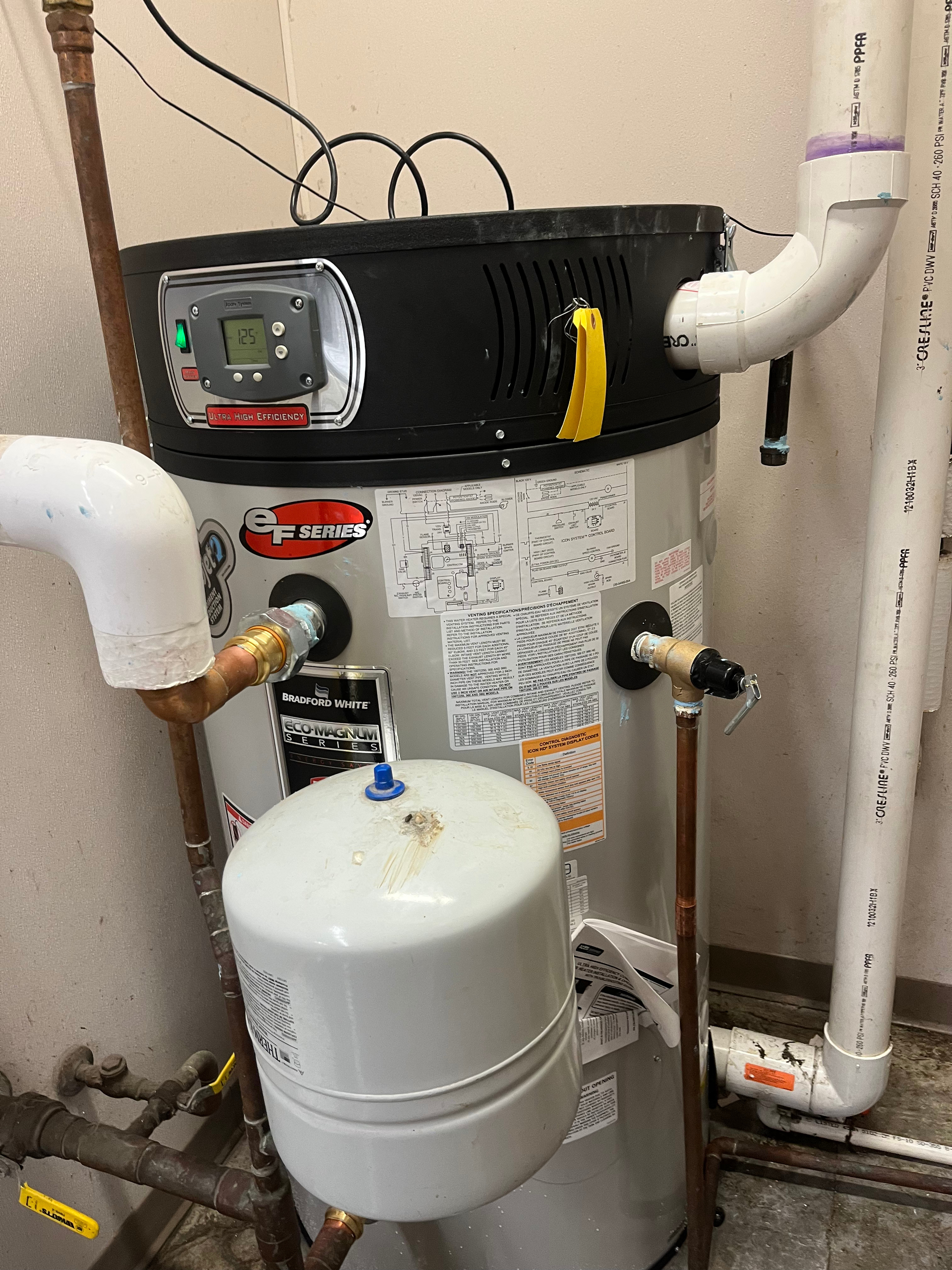 PLACEHOLDER — replace with real H2O photo: plumber inspecting aging water heater for repair assessment.