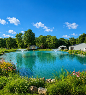 Serene blue pond with fountains, lush green shoreline, colorful flowers, and white cottages under a sunny sky
