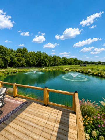 Wooden deck overlooking a turquoise pond with two fountains, green trees, and a bright blue sky with clouds