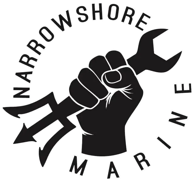 A black and white logo featuring a hand holding a combination wrench shaped like a trident, encircled by the text "NARROWSHORE MARINE."