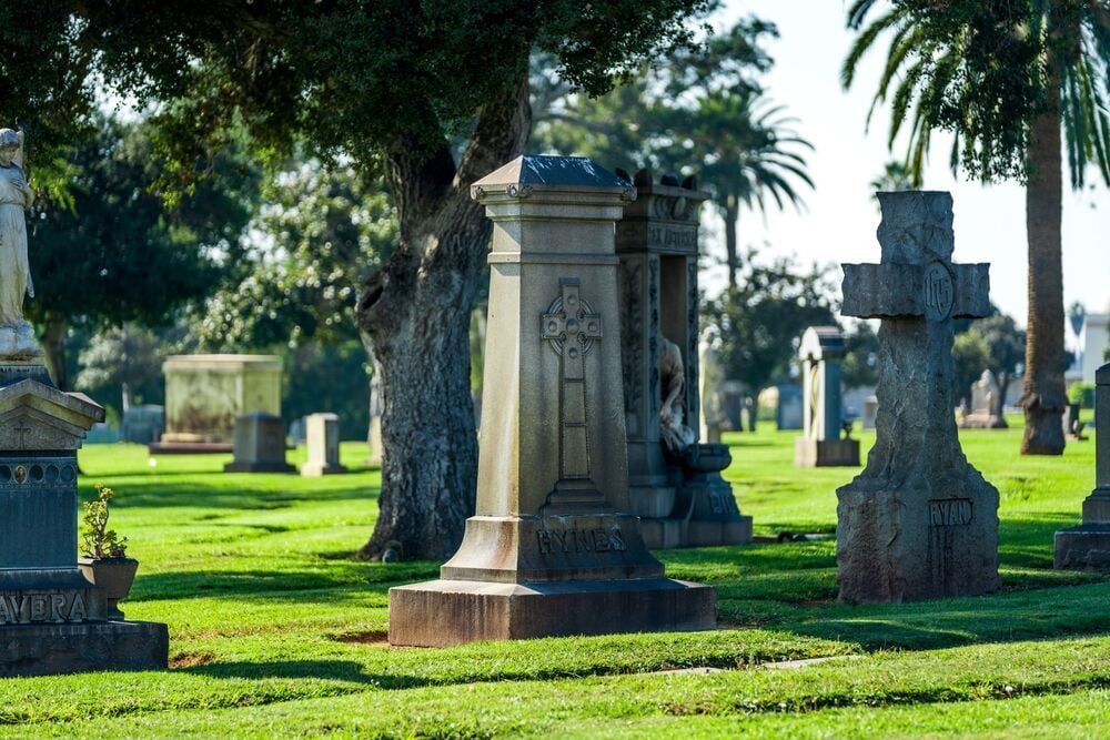 Sunlit cemetery with ornate stone tombstones and tall trees casting shadows on green grass