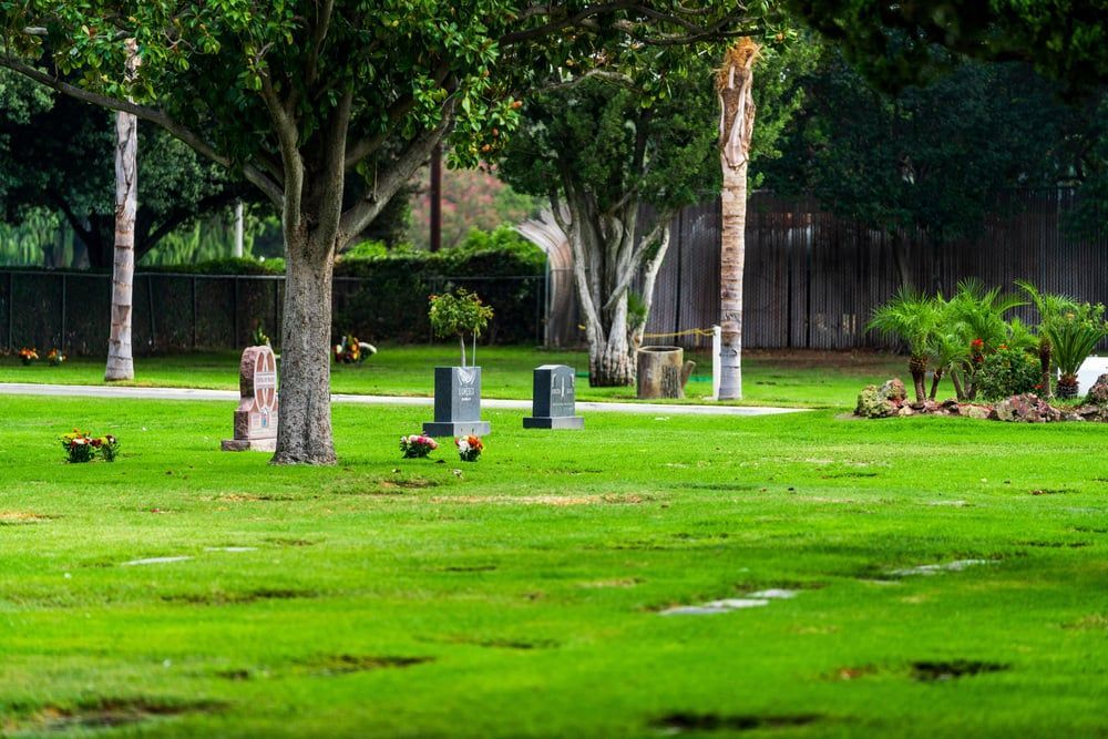 Green park lawn with scattered ducks, trees, and stone posts near a wooden fence.