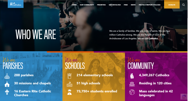 View of the LA Catholics webpage showing statistics for Archdiocese.