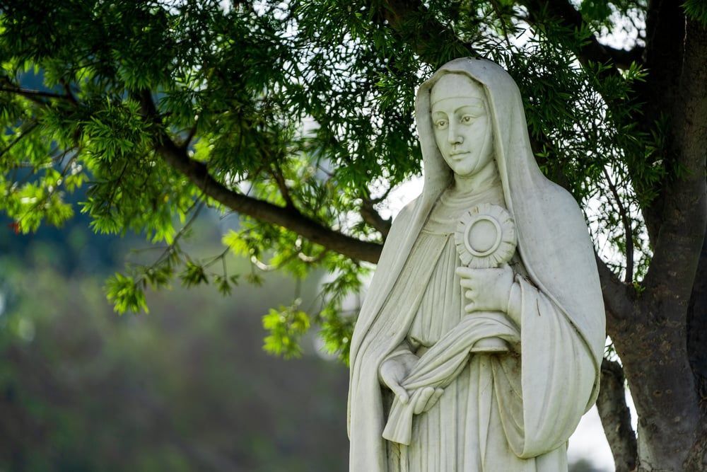 White religious statue beneath green tree branches in an outdoor garden setting