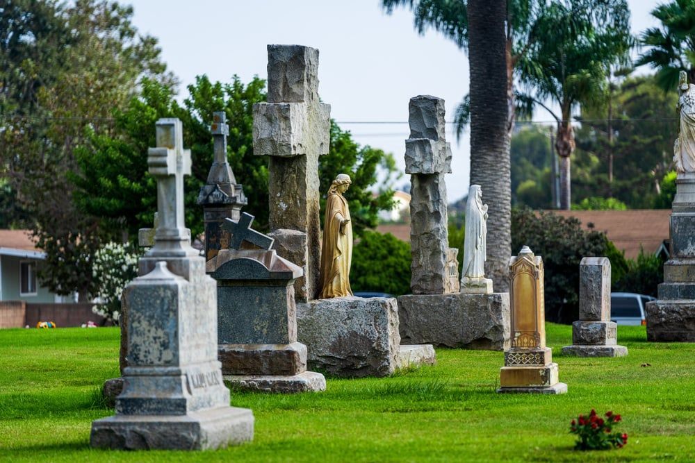 Old stone grave markers in a green cemetery with palm trees in the background