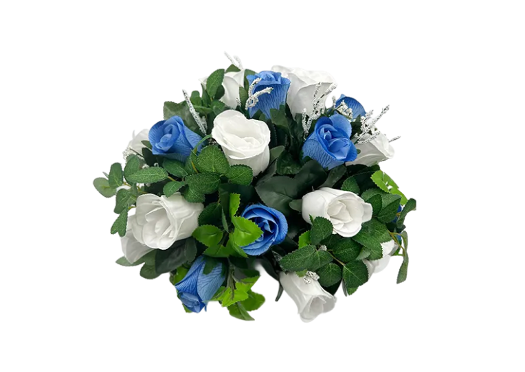 Blue and white roses with green leaves in a bouquet