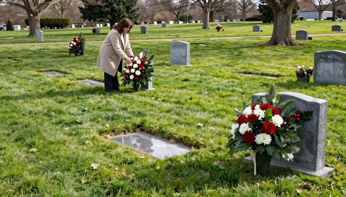 Woman leaving Christmas flowers at gravesite memorial
